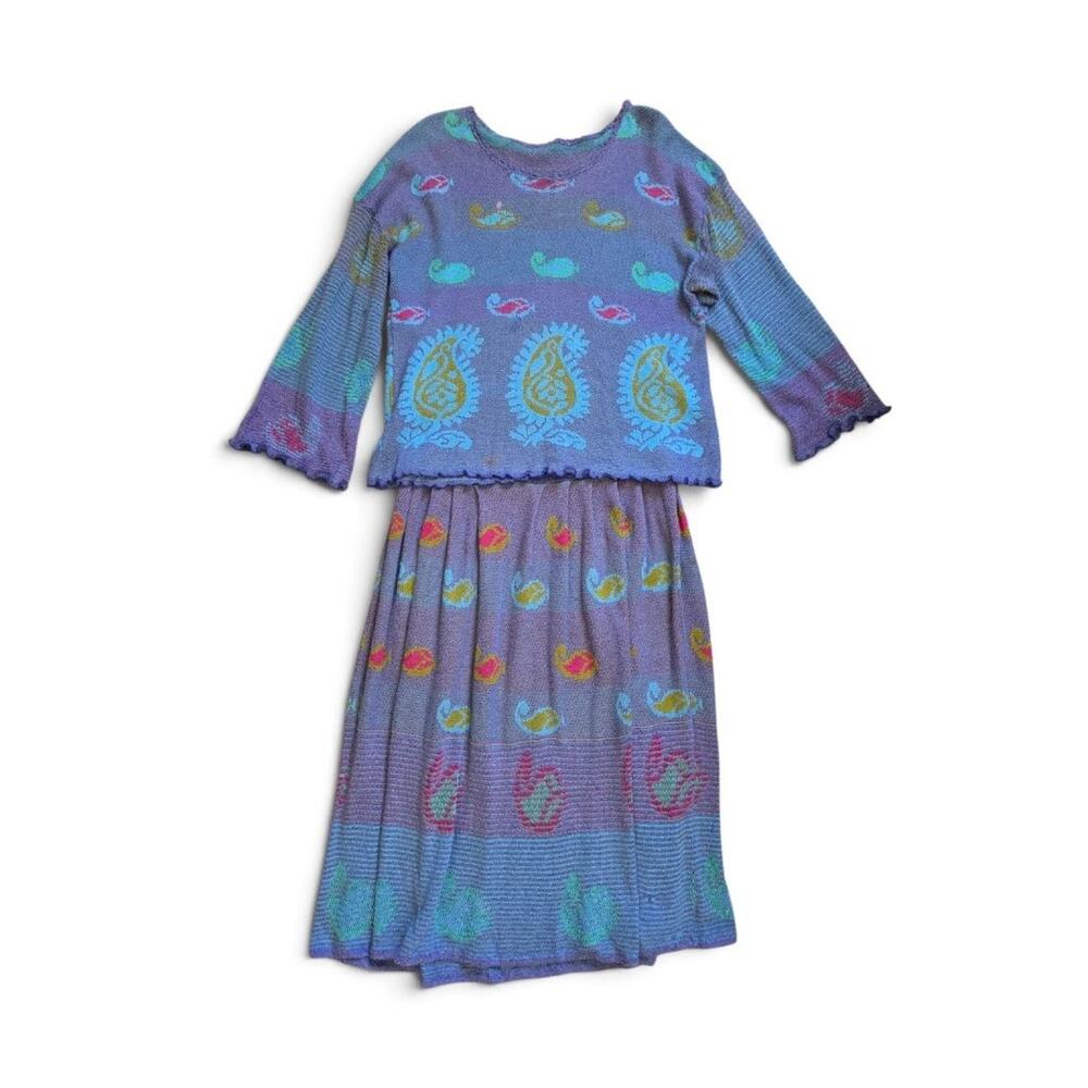 CHACOK Vintage Knit 2-Piece Set Whales Paisley Sweater Skirt Purple Boho France